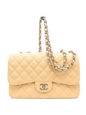 Chanel Beige Caviar Single Flap Silver Maxi Quilted 30 Shoulder Bag